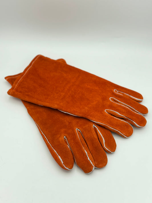 orange cowhide stick welding gloves on a white background