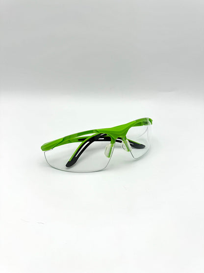 lime green framed safety glasses with clear anti-fog lenses on a white background